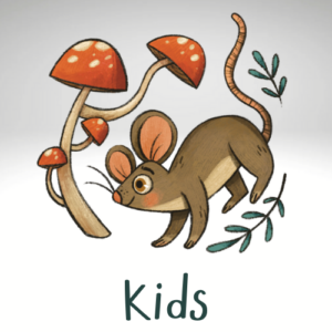 A mouse surrounded by mushrooms, including the word Kids