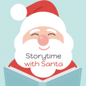 Storytime with Santa written on Santa's beard as he reads a book